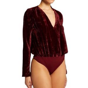 GOOD AMERICAN Burgundy Velvet Long Sleeve Wrap Bodysuit Sz 2